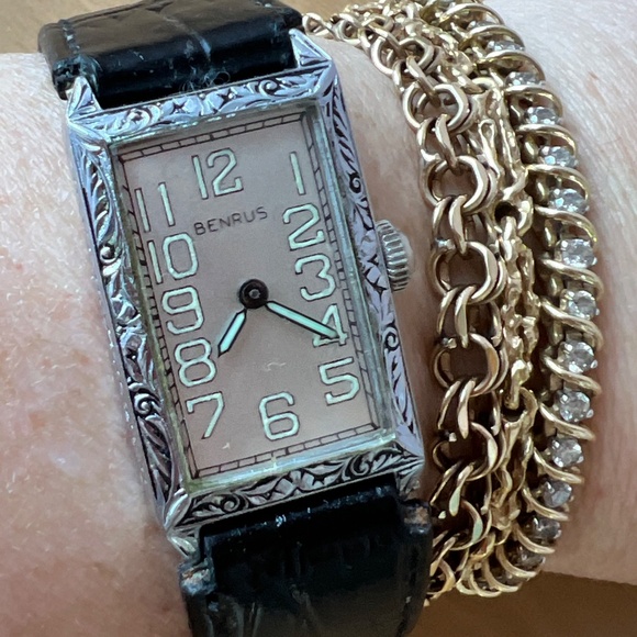 VINTAGE BENRUS ORNATE MECHANICAL TANK WATCH VASELINE GREEN FLUORESCENT UNISEX main image 13